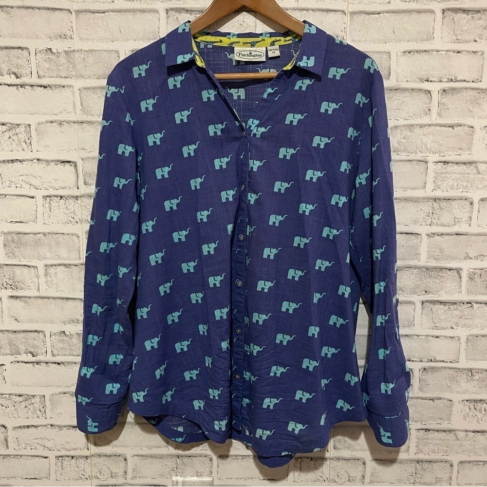 Women’s Patchington 100% cotton blue elephant print button down collar shirt, M